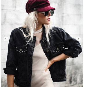 Black Solid Studded Denim Jacket sz S